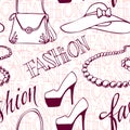 Fashion vogue seamless pattern vintage doodle hand drawn clothes and accessory vector illustration.