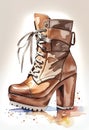 Watercolor High Heeled Brown Fashion Boot. Isolated element on white background or PNG AI Generated