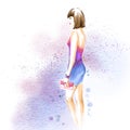 Fashion watercolor illustration with gorgeous girl