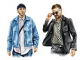Fashion watercolor illustration of man in stylish trendy outfit. Hand drawn painting of male hipster. Street style look