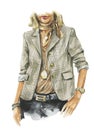 Fashion watercolor illustration of woman in business casual outfit. Hand drawn painting of elegant suit. Luxury look
