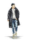 Fashion watercolor illustration of man in stylish trendy outfit. Hand drawn painting of male hipster. Street style look