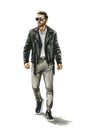 Fashion watercolor illustration of man in stylish trendy outfit. Hand drawn painting of male hipster. Street style look