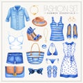 Fashion watercolor nautical womanÃ¢â¬â¢s outfit with dress, tops, shirt and swimsuit Royalty Free Stock Photo