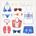 Fashion watercolor womanÃ¢â¬â¢s outfit with jeans shorts and top