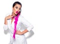 Fashion wear look style, Beauty sexy model girl in trendy white blazer bright make-up, braided purple hair, isolated on white Royalty Free Stock Photo