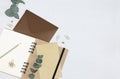 Writing a letter. Opened notebook, envelopes, golden pencil, paper clips, pins, eucalyptus branches Royalty Free Stock Photo