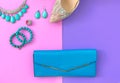 Fashion woman accessories set. Trendy fashion shoes heels, stylish handbag clutch. Colorfull background. Royalty Free Stock Photo