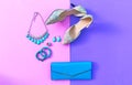 Fashion woman accessories set. Trendy fashion shoes heels, stylish handbag clutch, necklace, bracelet and ring.