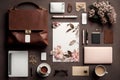 Fashion woman accessories. Stylish hand bag, cosmetics, glasses, flowers and notebook, top view, flat lay. AI generated image