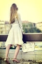 Fashion woman in autumn spring dress on city . Sosial isoltion.