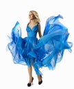 Fashion Woman in Blue Dress Flying Fabric, Elegant Girl Walking Royalty Free Stock Photo