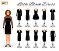 Fashion woman character in little black dress. Set of cocktail dresses on a mannequins.