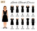 Fashion woman character in little black dress. Set of evening dresses for cocktail on a mannequins.