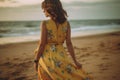 woman summer beach lifestyle sea person dress hippie beautiful fashion fashionable. Generative AI. Royalty Free Stock Photo