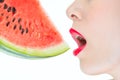 Fashion woman enjoy eating watermelon red lips, yummy, desire, T