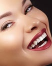 Fashion Woman Face With Perfect Smile. Female Model With Smooth Skin, Long Eyelashes, Red Lips, Healthy White Teeth Royalty Free Stock Photo