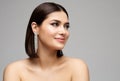 Fashion Woman Face Profile with Silver Diamond Earrings. Glamour Beauty Model with Bob Hairstyle Side view over Gray. Stylish Royalty Free Stock Photo