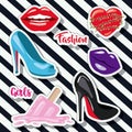 Fashion woman girls elements sticker on pop art diagonal stripe black background