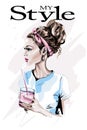 Fashion woman with glass of juice. Hand drawn beautiful woman portrait.