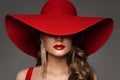 Fashion Woman in Hat with Red Lips Make up and Golden Earring. Beauty Model Face Hidden by Wide Broad Brim Hat. Elegant Lady Royalty Free Stock Photo