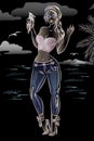 Fashion woman with ice cream make a picture at the night beach. Black summer backround, girl wearing jeans, background