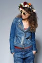 Fashion woman in jeans outfit and sunglasses Royalty Free Stock Photo