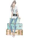 Fashion woman with luggage, street style fashion, travel girl hand drawn illustration