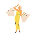 Fashion woman millionaire carrying bags full of currency vector flat illustration. Smiling rich girl with much money