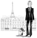 Fashion woman model in a pantsuit with a little dog on Paris cit