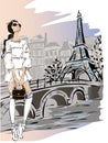Fashion woman near Eiffel tower in Paris, fashion banner with text template, online shopping social media ads with beautiful girl.