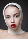 Fashion woman portrait with bright make-up. Long eyelashes and red glossy lips. Face Makeup Royalty Free Stock Photo