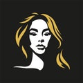 Fashion woman portrait with long golden hair stylish silhouette logo for makeup artist vector flat Royalty Free Stock Photo