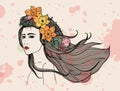 Fashion woman portrait with watercolor stains. Beautiful girl with flowers, flowing hair. Colorful hand drawn Royalty Free Stock Photo