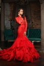 Fashion Woman in Red Dress. Beautiful Model Brunette in Long Evening Gown indoor Royalty Free Stock Photo