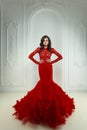 Fashion woman in red dress. Glamour model brunette, indoor fashion portrait Royalty Free Stock Photo