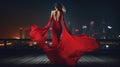 Fashion Woman in Red fluttering Dress Back Side Rear View.Glamour Model dancing with Long Silk Fabric flying on Wind.Generative ai