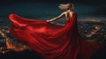 Fashion Woman Red fluttering Dress Back Side Rear View. Glamour Model dancing with Long Silk Fabric flying on Wind. Generative ai