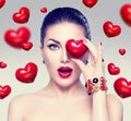 Fashion woman with red hearts