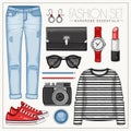 Fashion womanÃ¢â¬â¢s casual outfit with jeans, frock top and sneakers