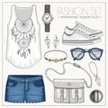 Fashion womanÃ¢â¬â¢s casual outfit with jeans shorts, top and sneakers