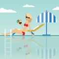 Fashion woman sitting with coconut cocktail at the edge of swimming pool with deck chair and umbrella Royalty Free Stock Photo