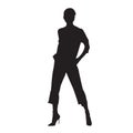 Fashion woman standing, posing female model in trousers with hands in pockets. Isolated vector silhouette