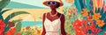 Fashion woman wears huge sunglasses and red flowers jewelry. Paint drawing. Selective focus.