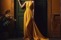 Fashion Woman In Yellow Long Dress. Generative AI