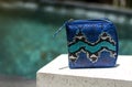 Fashion women accessories. Luxury handmade snakeskin python wallet. Top view, blue pool, light water background. Free Royalty Free Stock Photo
