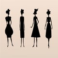 4 fashion women black silhouettes. Vector sketch image.