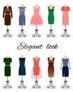 Fashion women dresses in different colors on mannequins. Cocktail dresses.