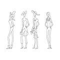 4 fashion women. Hand-drawn fashion model. Summer collection sketch