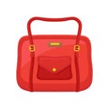 Fashion women handbag with handle and pocket on button. Flat vector icon of small red travel bag for carry personal